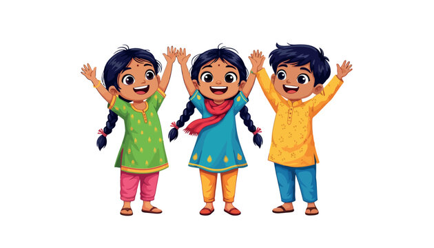 Vsai happy indian children playing together raising hands