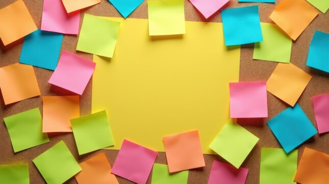 Ca&oacute;ticas notas adhesivas en blanco rodeando una m&aacute;s grande superpuesta en un tablero de corcho