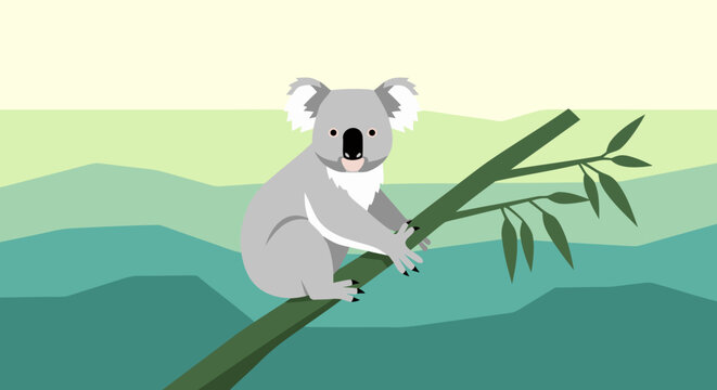 Charming vector illustration of an adorable koala peacefully resting on a sturdy eucalyptus branch against a soft, stylized natural landscape artwork
