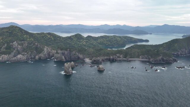 Aerial View of Sea Alps Rock Formations in Omi Island Nagato Japan, 4K Coastal Landscape 07