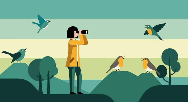 Captivating graphic illustration of a dedicated birdwatcher finding vibrant birds in a tranquil natural landscape, beautifully depicting outdoor nature observation