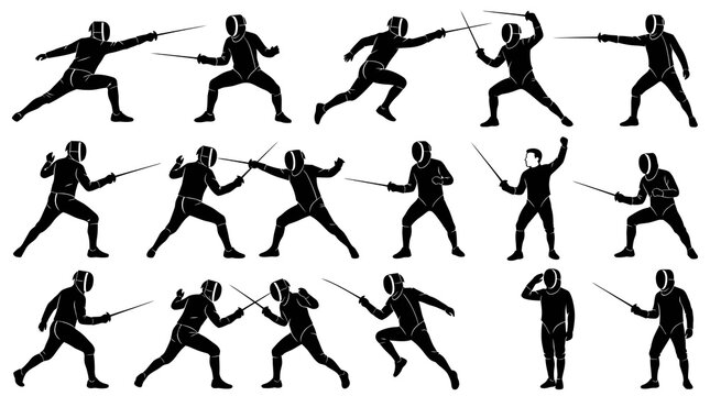 Fencing Sport Silhouettes: Dynamic Black and White Vector Set of Fencers in Various Action Poses