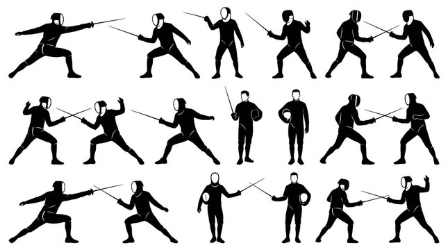 Fencing Sports Athletes Silhouettes Vector Set - Fencers in Dynamic Combat Poses with Foils and Swords