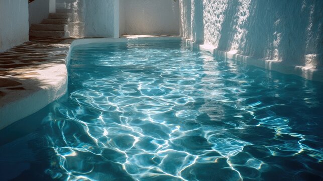 Water caustic reflection, swimming pool light pattern on white wall, blue ripple shadow, summer abstract background 