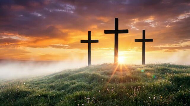 Three Crosses on Calvary at Sunrise, perfect for Easter services, religious documentaries, worship backgrounds, and inspirational Christian media projects