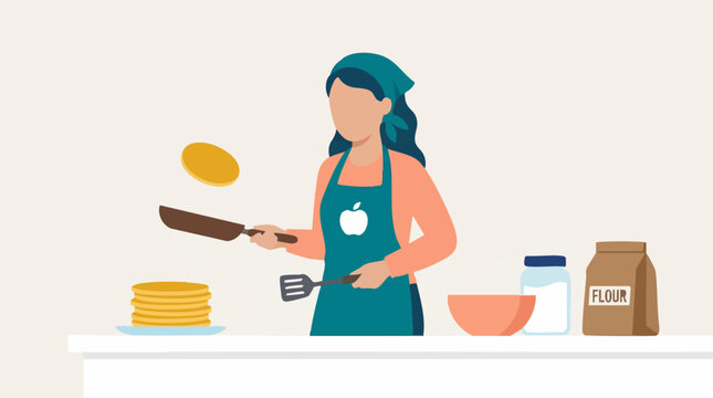 Person flipping pancakes in a kitchen, breakfast preparation illustration