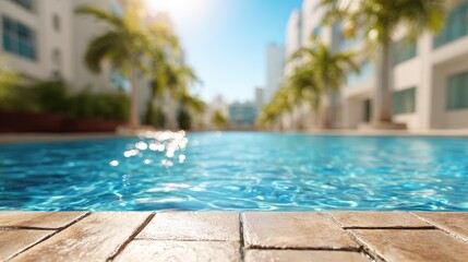 Fototapeta premium Sunny resort pool with palm trees and modern buildings