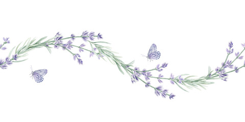 Fototapeta premium Watercolor lavender seamless border with butterflies. Hand drawn botanical wave of purple flowers for wedding invitations, spa decor, and stationery. Floral frame isolated on white background.