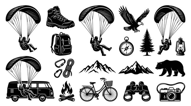 Black and White Vector Icons of Outdoor Adventure and Sports Equipment