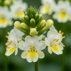 Fototapeta premium Closeup of a beautiful white and yellow flower with a green bud.
