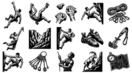 Naklejka premium Black and White Climbing Vector Icons: Climbers, Gear, and Mountain Scenery