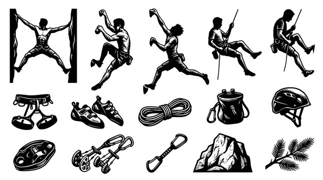 Climbing Gear and Silhouettes Black and White Vector Icons