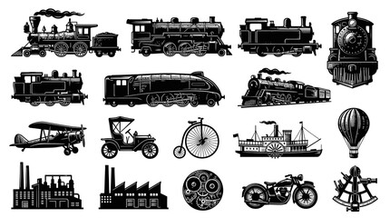 Obraz premium Vintage Industrial Revolution Engraving Style Icons Set - Historical Transport Vehicles, Factories Inventions