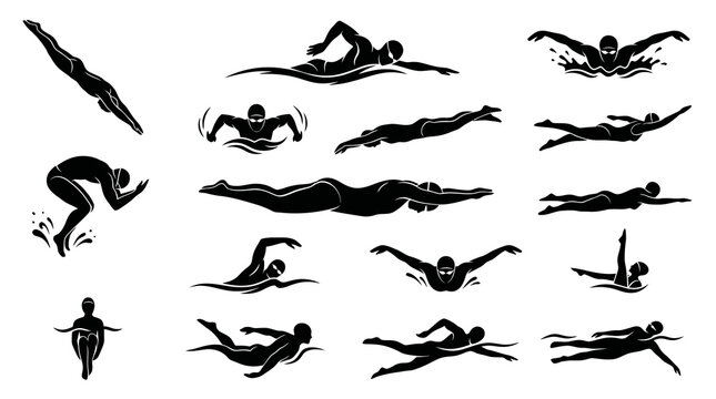 Diverse Swimmer Silhouettes: Freestyle, Butterfly, Diving, Synchronized