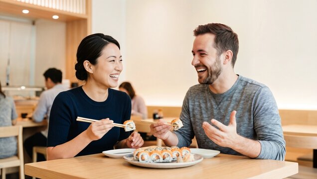일본 식당에서 필라델피아롤을 함께 즐기며 행복한 미소를 나누는 남녀의 상호작용.