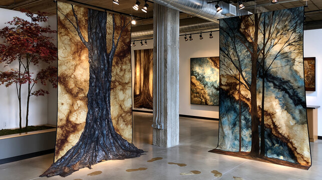 Art gallery aftermath showing a freshly hung solo exhibition before opening, footprints in polished concrete, track lighting pools illuminating large textile works, ideal for gallery interior, exhib
