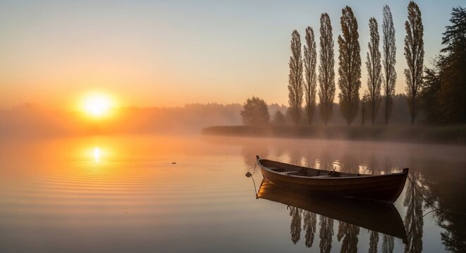Boat on calm lake at sunset