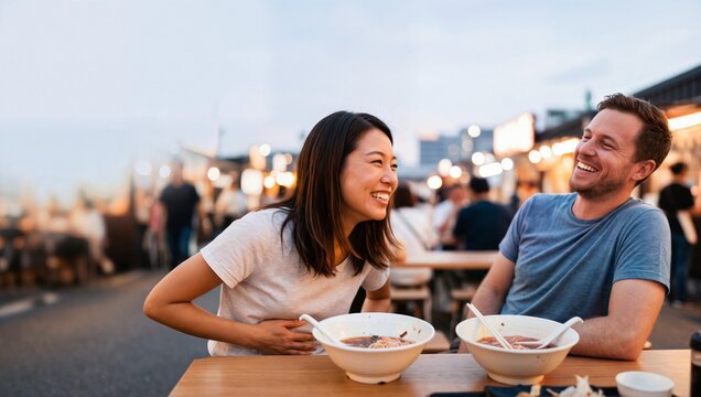 길거리 푸드코트에서 쇼유 라멘 식사 후 행복한 미소를 짓는 일본 여성과 서양 남성.