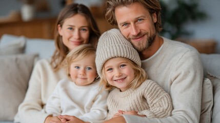 Fototapeta premium A warm and emotional family portrait that celebrates togetherness, showcasing smiles and joy, capturing the essence of love and connection in a modern living space.
