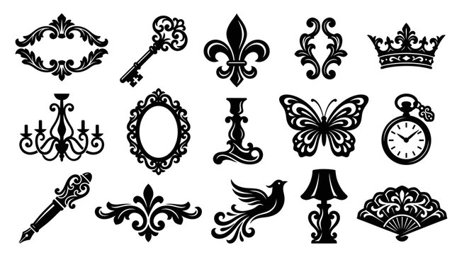 Vintage Ornate Silhouettes: Crown, Key, Butterfly, Fan, Clock, Lamp, Bird, Chandelier, Frame