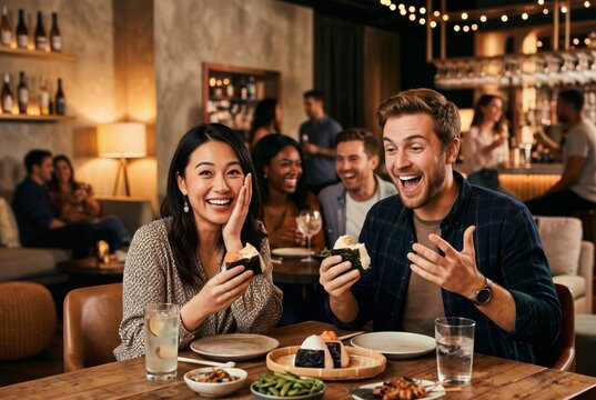 현대적인 라운지에서 친구들이 오니기리를 맛보며 즐거운 저녁 파티를 보내는 행복한 순간.