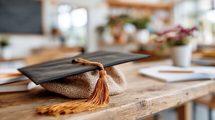 Fototapeta premium A graduation cap placed stylishly on a rustic wooden desk, symbolizing education, achievement, and the journey of learning, surrounded by creative study elements.