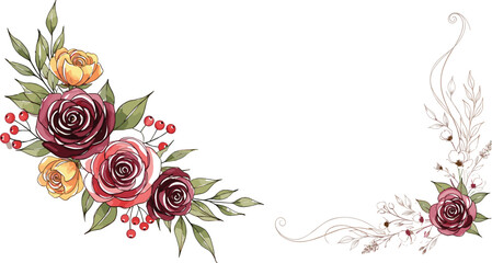 Elegant floral corner arrangements with roses, berries and decorative leaves, romantic botanical compositions in vintage watercolor style for wedding invitation design © jafrine