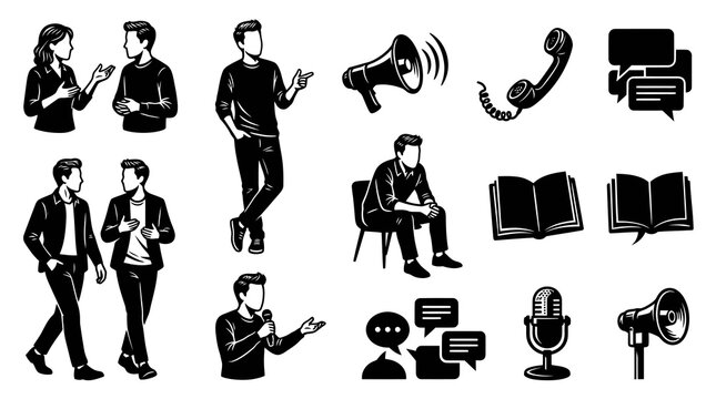 Communication, Public Speaking  Education Glyph Icons Set: People, Chat, Phone, Megaphone, Book, Mic