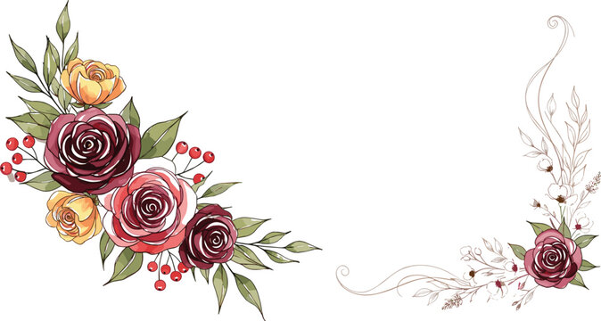 Elegant floral corner arrangements with roses, berries and decorative leaves, romantic botanical compositions in vintage watercolor style for wedding invitation design