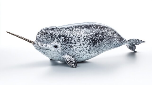 A realistic narwhal sculpture with a prominent tusk against a clean white background