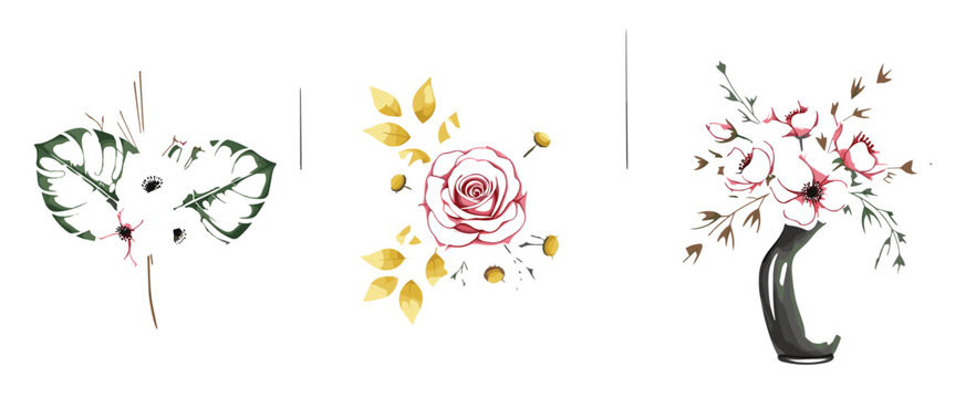 Elegant floral arrangements with rose compositions and decorative leaves, artistic botanical elements including bouquet in vase in soft watercolor style illustration