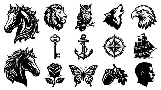 Black and White Vector Icons: Horse, Lion, Owl, Wolf, Eagle, Anchor, Compass, Ship, Rose, Butterfly, Acorn, Man Profile