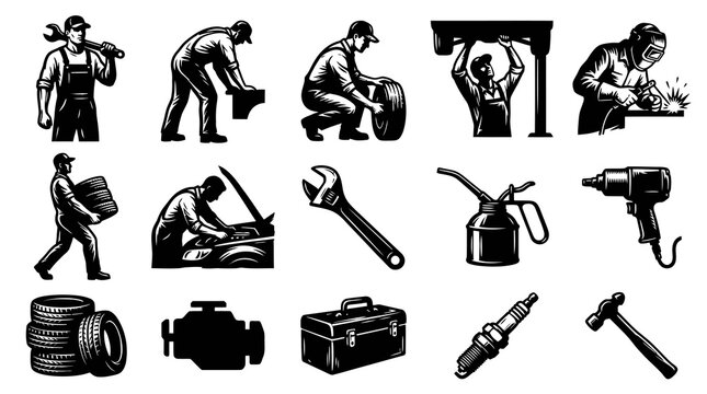 Automotive Mechanics  Car Repair Tools Monochrome Vector Illustration Set. Workshop Service Workers Black  White Icons.