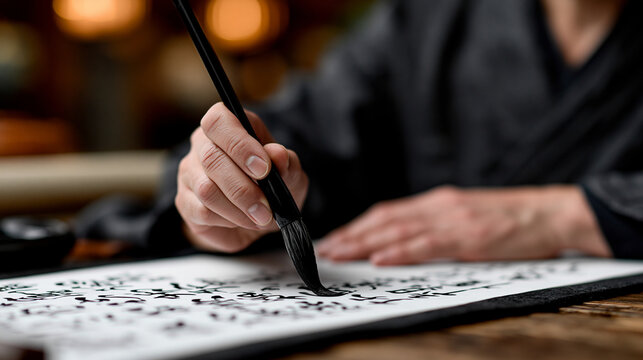 Calligraphy master's hands hovering above a long horizontal scroll, ink brush loaded but paused in decisive concentration, window light casting a single long shadow across the workspace, perfect for