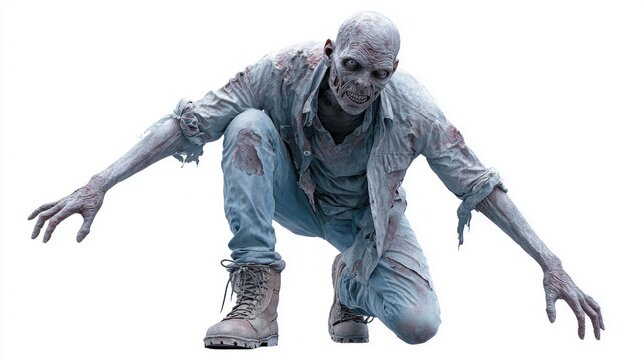 Terrifying zombie crouched low with outstretched arms and a menacing expression