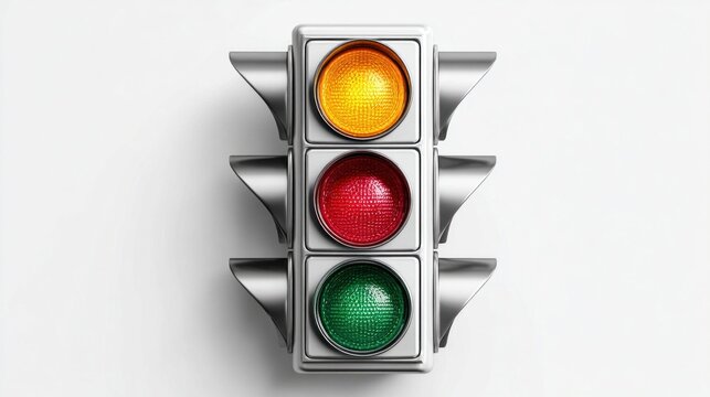 Modern traffic light with red, yellow, and green signals illuminated on a clean white background