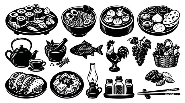 Food and Culinary Icons Black  White Line Art Collection with Dishes, Ingredients, and Kitchenware