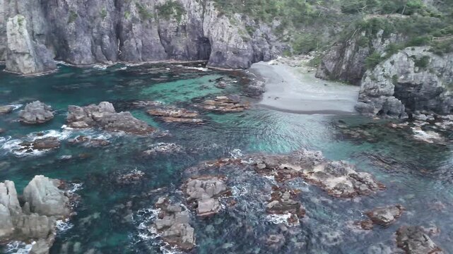 Aerial View of Sea Alps Rock Formations in Omi Island Nagato Japan, 4K Coastal Landscape 13