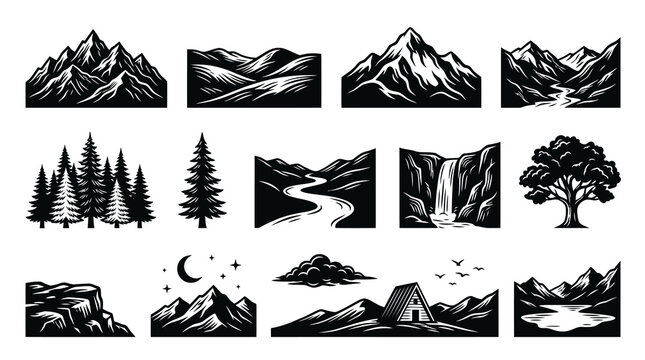 Monochrome Vector Landscape Elements Set for Nature, Outdoor, and Travel Designs: Mountains, Forests, Waterfalls, Rivers