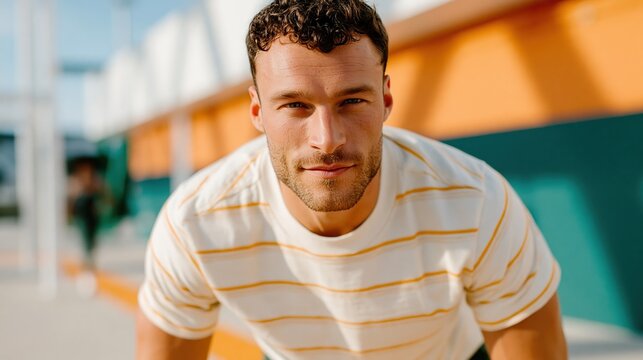 A confident man in casual wear strikes a captivating pose, showcasing an artistic backdrop that emphasizes his stylish sense and charisma in a modern environment.