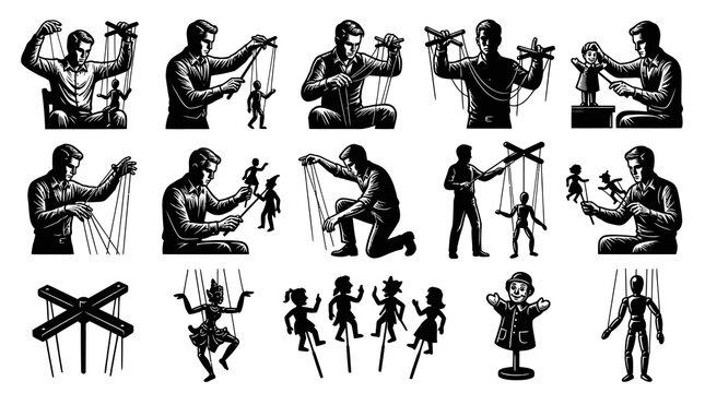 Black and White Line Art of Puppeteer Controlling Marionettes