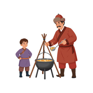 Mongolian man and boy cooking stew in a large cauldron over a tripod