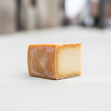 Closeup of a delicious cheese block on a white surface.
