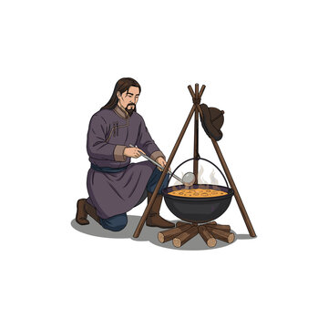 Mongolian man in traditional clothing cooking stew over an open campfire