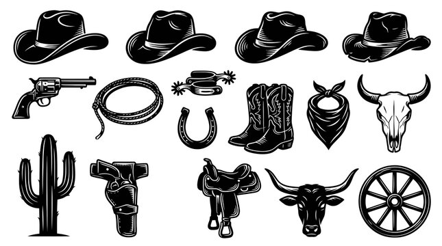 Wild West Cowboy Vintage Icons Set - Monochrome Engraving Style Western Elements Collection