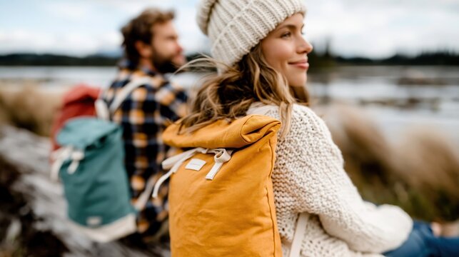 A joyful couple resting by a serene lakeside, showcasing their stylish backpacks while enjoying a moment of relaxation in the great outdoors surrounded by lush greenery.