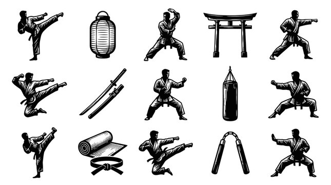 Martial Arts Black and White Line Art Icons Set: Fighters, Weapons, and Japanese Cultural Symbols