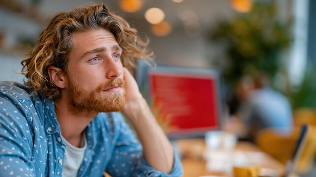 A thoughtful man gazes out the window at a caf&eacute;, lost in contemplation, with a warm ambiance creating an inviting atmosphere perfect for introspection and connection.