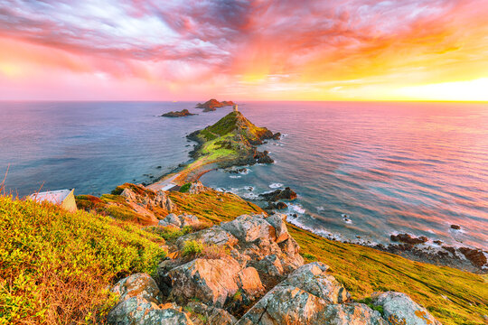 Fantastic sunset over Torra di a Parata with Genoese Tower and Archipelago of Sanguinaires islands at background.