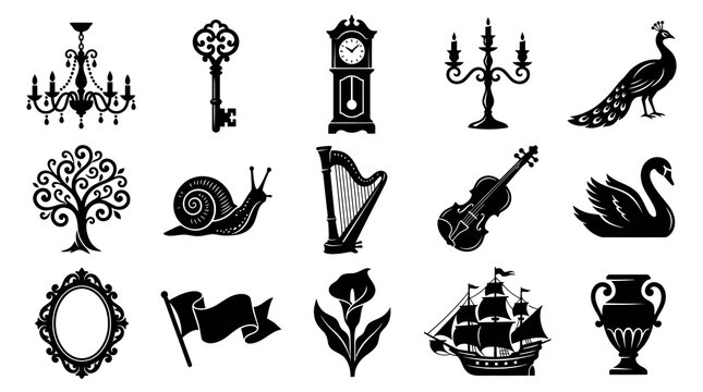 Collection of Black and White Silhouette Glyph Vector Icons: Vintage, Nature, Music, and Decorative Elements